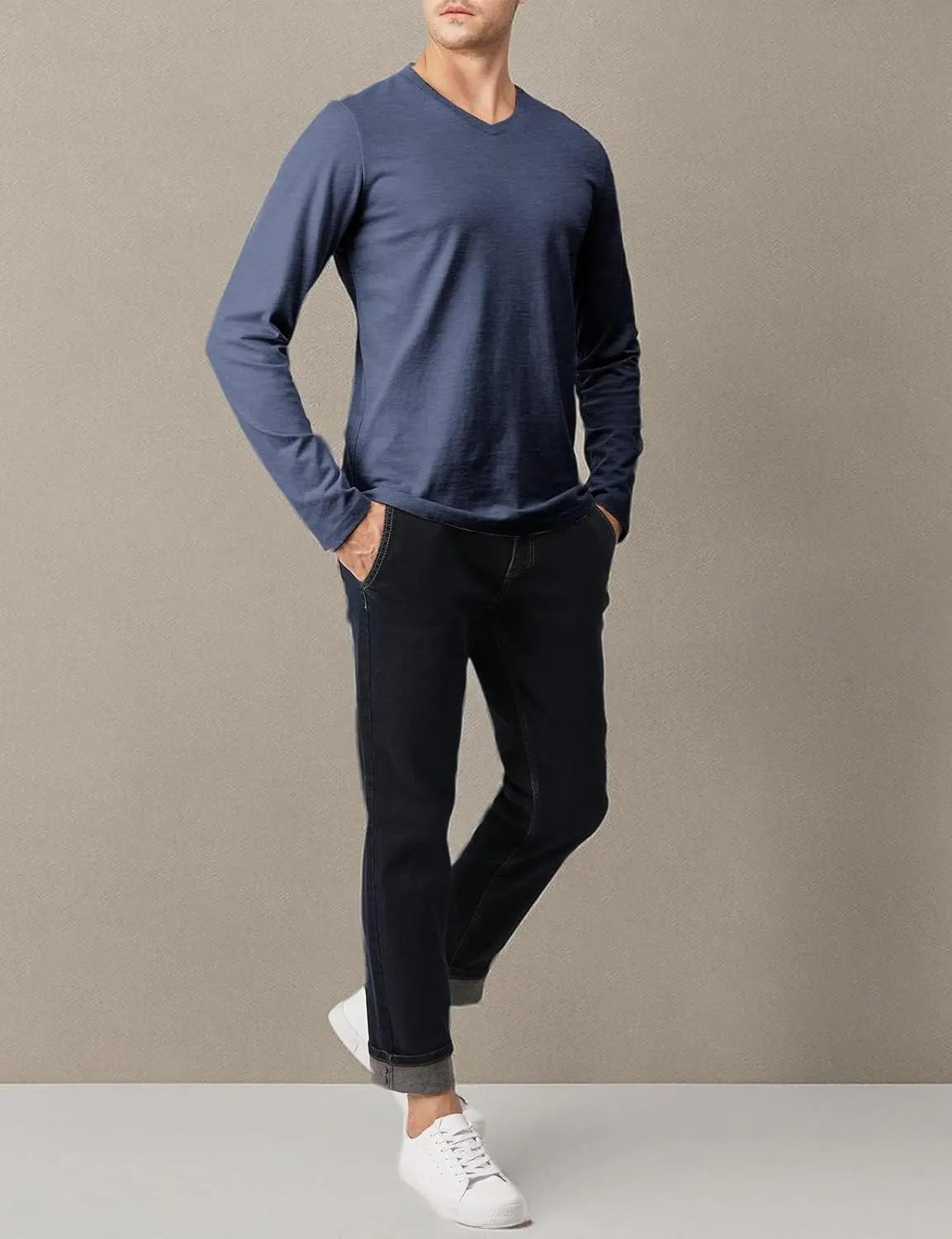 H2H Mens Casual Slim Fit Long Sleeve T-Shirts Soft Lightweight V-Neck/Crew-Neck Size XS to 3XL
