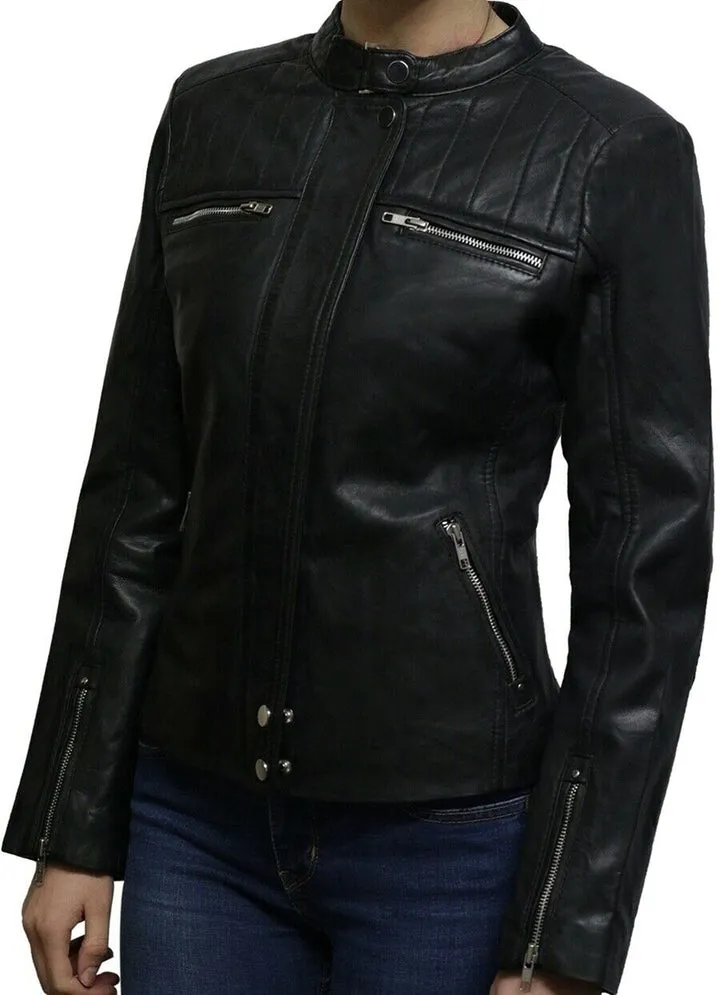Handmade Sheepskin Leather Women's Biker Jacket