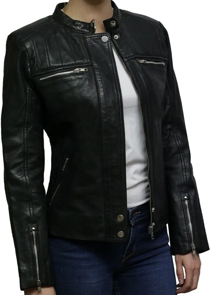 Handmade Sheepskin Leather Women's Biker Jacket