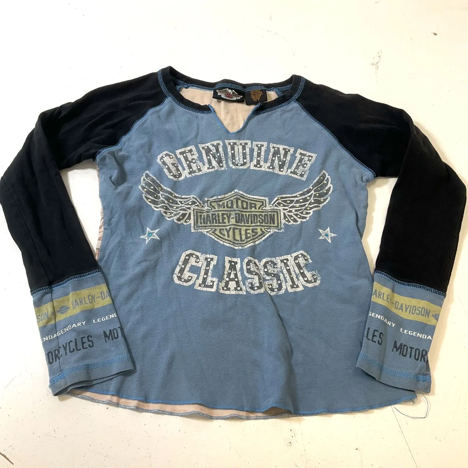 Harley Davidson Women's Blue Raglan Long Sleeve Thunderbird T-Shirt Size Small