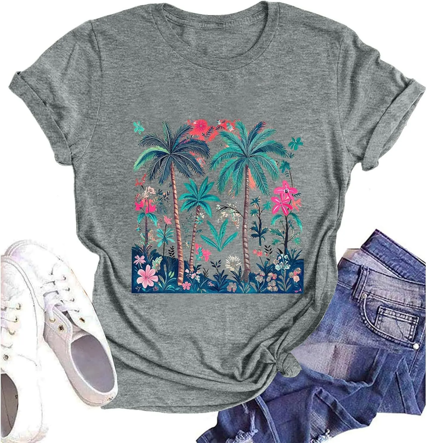 Hawaiian Shirts for Women Palm Trees Graphic Tees Summer Beach Vacation Tops Casual Cotton Short Sleeve T-Shirt