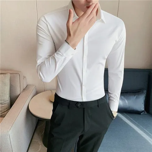 High Elasticity Seamless Men's Shirt Long Sleeve Slim Casual Shirt Solid Color Business Formal Dress Shirts Social Party Blouse