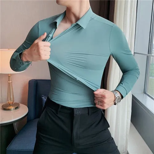 High Elasticity Seamless Men's Shirt Long Sleeve Slim Casual Shirt Solid Color Business Formal Dress Shirts Social Party Blouse