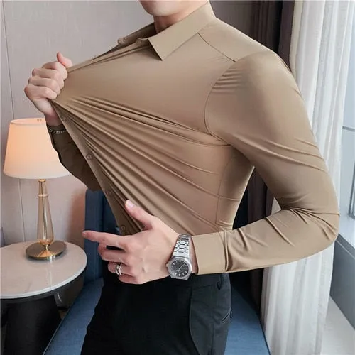 High Elasticity Seamless Men's Shirt Long Sleeve Slim Casual Shirt Solid Color Business Formal Dress Shirts Social Party Blouse