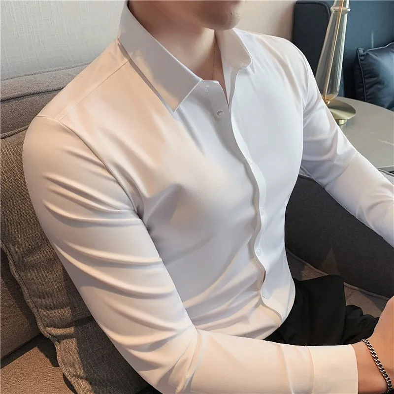 High Elasticity Seamless Men's Shirt Long Sleeve Slim Casual Shirt Solid Color Business Formal Dress Shirts Social Party Blouse
