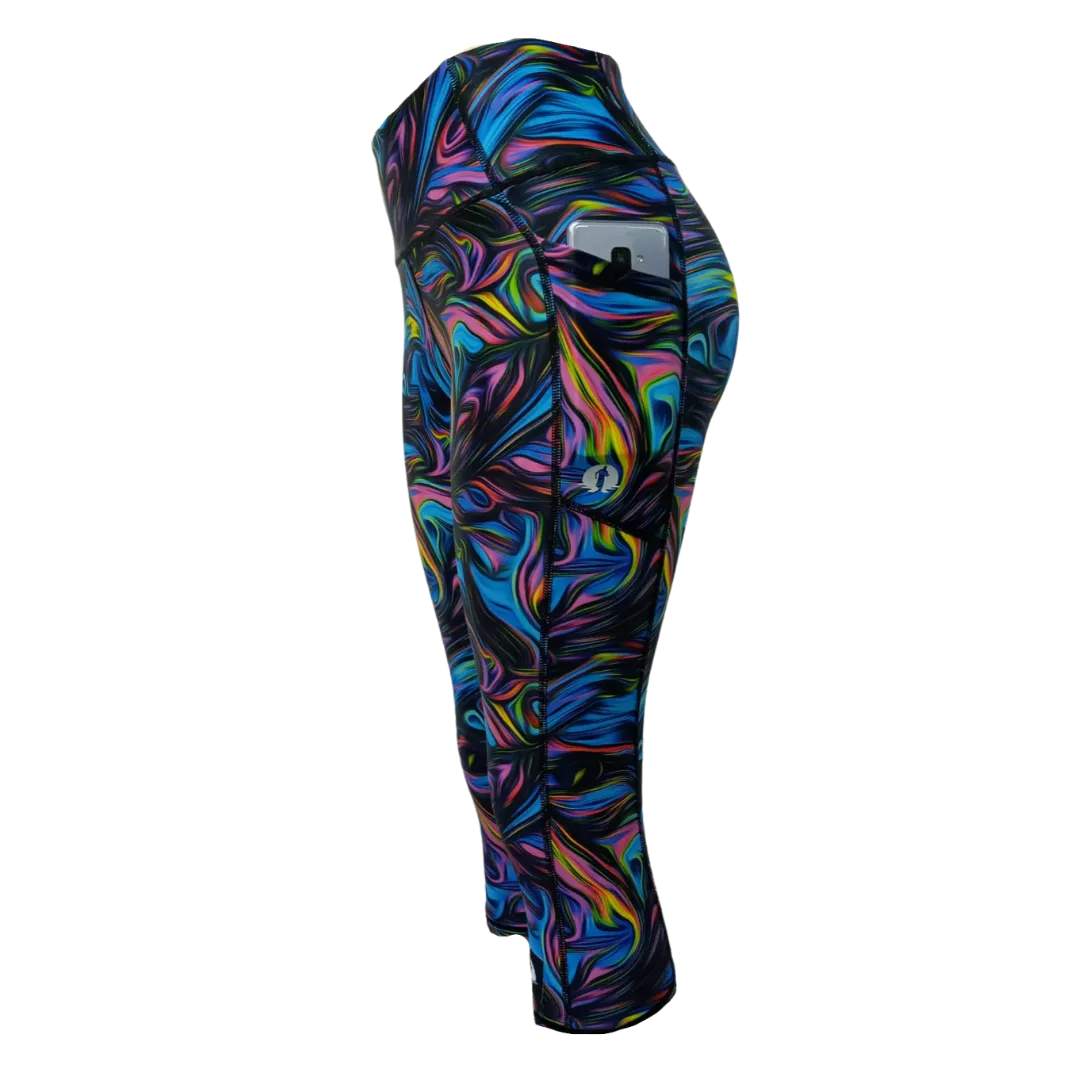 High Waist Funky 3/4 Leggings - Peacock Marble