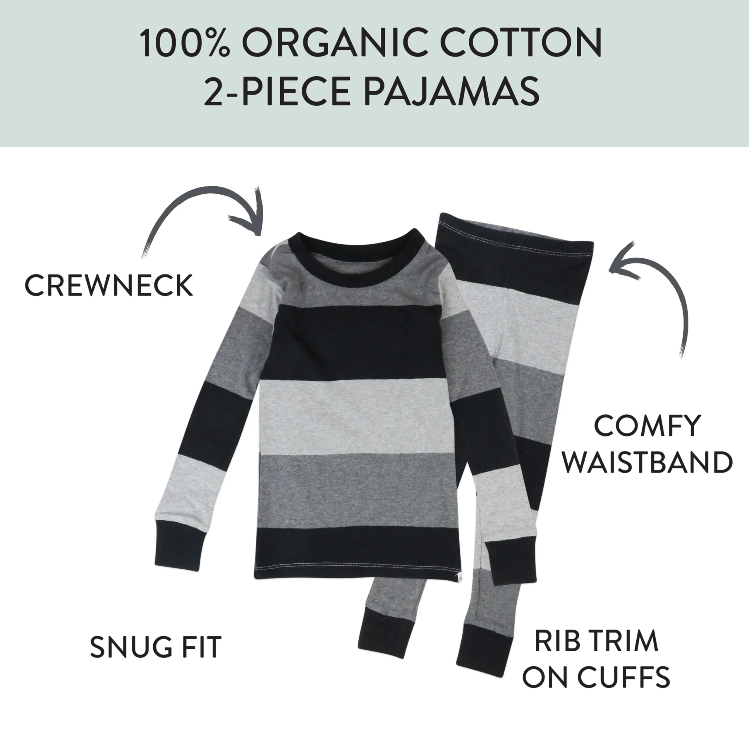 HonestBaby Celebration 2-Piece Pajamas Sleepwear PJs 100% Organic Cotton for Infant Baby and Toddler Boys & Girls, Unisex, Bold Stripe Gray Ombre, 7Y