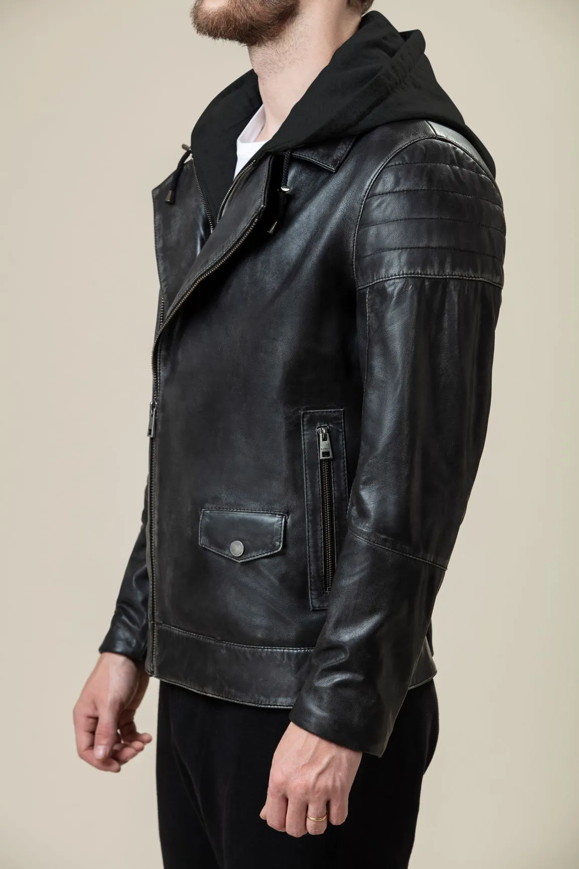 Hoodie Bomber Fit Decant Leather Jacket by TJS