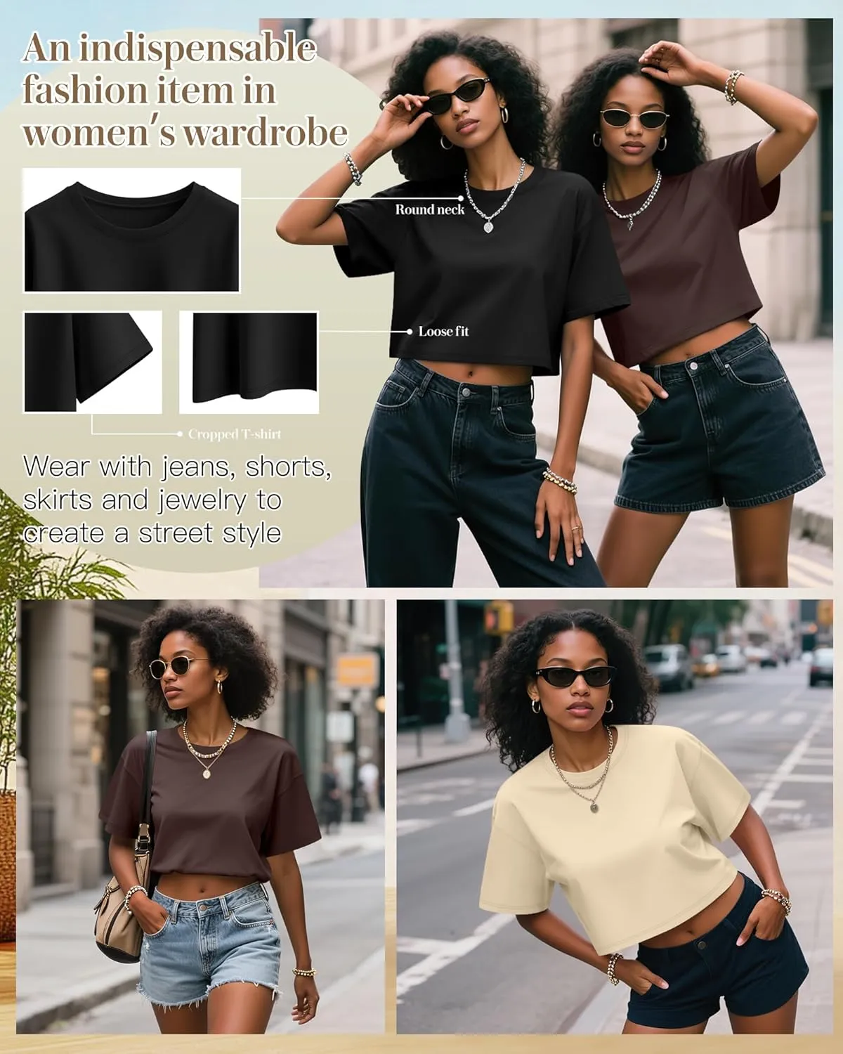 Huukeay 3 Pack Women's Half Sleeve Crop Tops Crew Neck Summer Casual Short T-Shirts Loose Fit Drop Shoulder Solid Color Tees