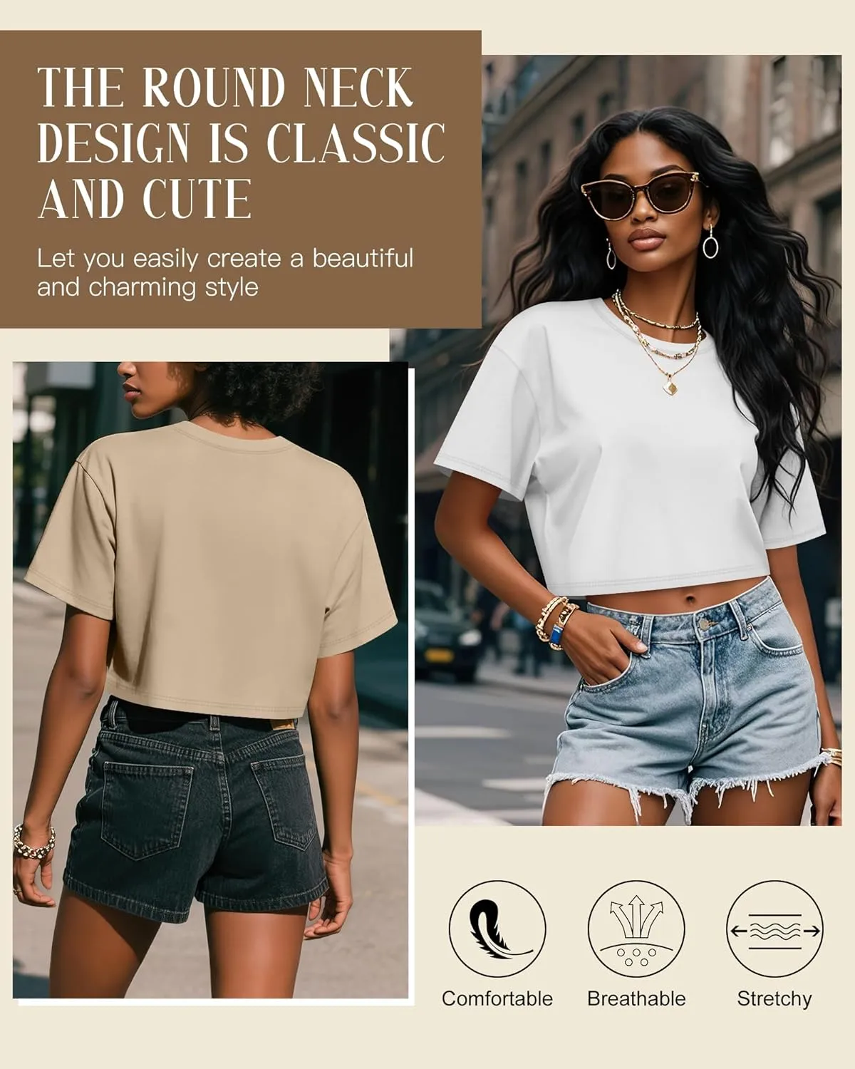 Huukeay 3 Pack Women's Half Sleeve Crop Tops Crew Neck Summer Casual Short T-Shirts Loose Fit Drop Shoulder Solid Color Tees