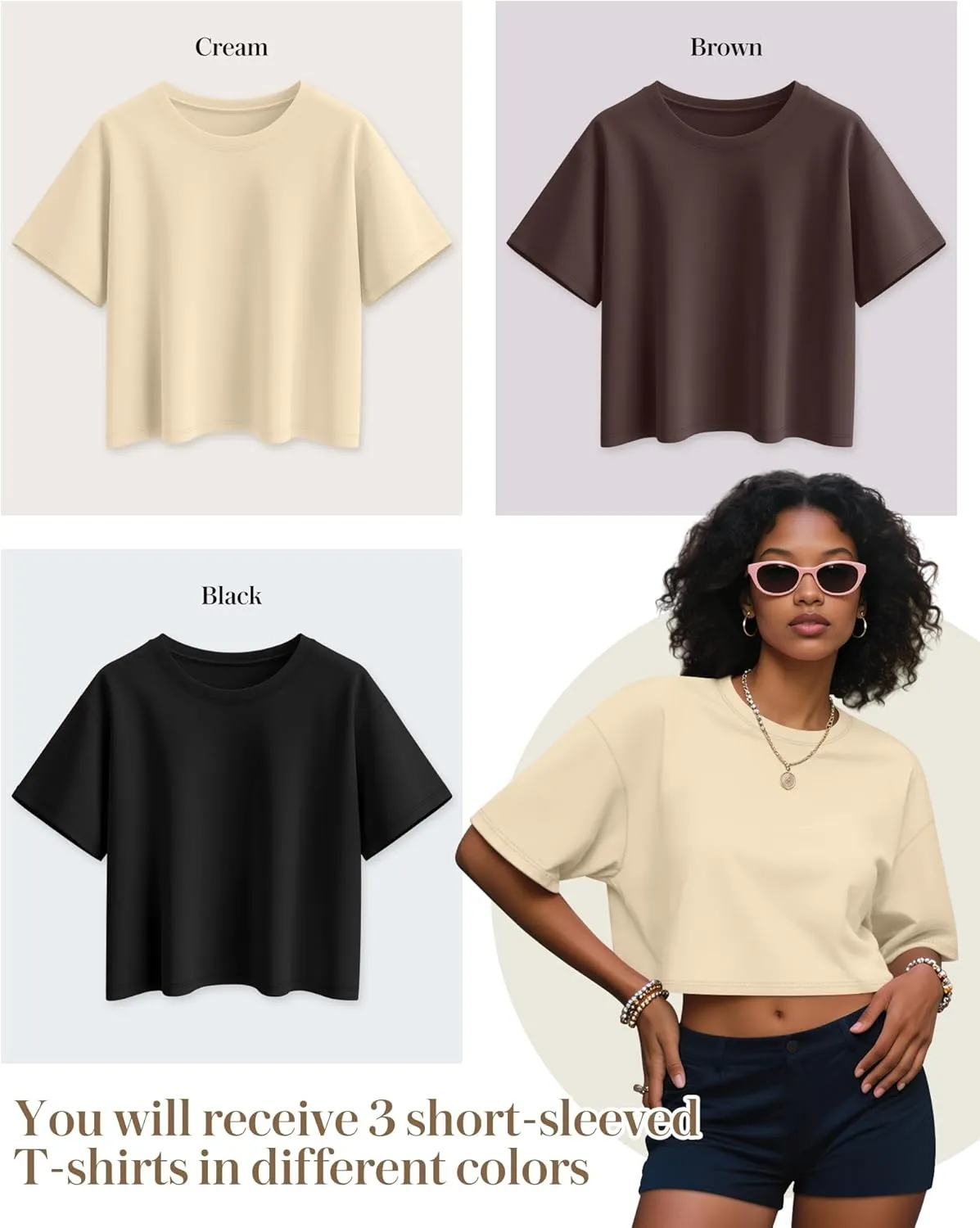 Huukeay 3 Pack Women's Half Sleeve Crop Tops Crew Neck Summer Casual Short T-Shirts Loose Fit Drop Shoulder Solid Color Tees
