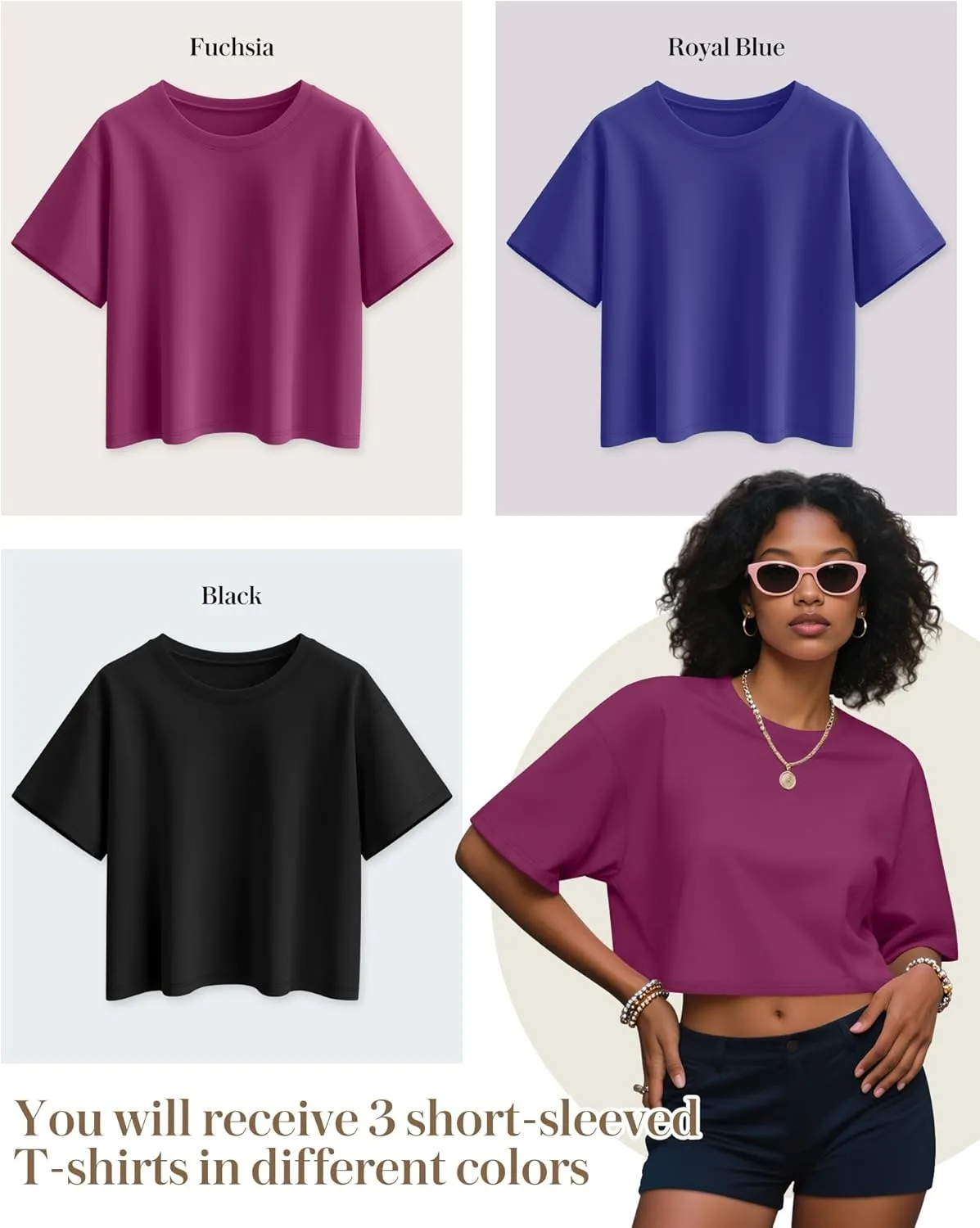 Huukeay 3 Pack Women's Half Sleeve Crop Tops Crew Neck Summer Casual Short T-Shirts Loose Fit Drop Shoulder Solid Color Tees