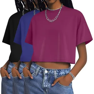 Huukeay 3 Pack Women's Half Sleeve Crop Tops Crew Neck Summer Casual Short T-Shirts Loose Fit Drop Shoulder Solid Color Tees