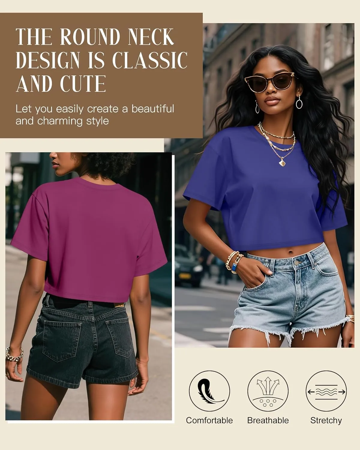 Huukeay 3 Pack Women's Half Sleeve Crop Tops Crew Neck Summer Casual Short T-Shirts Loose Fit Drop Shoulder Solid Color Tees