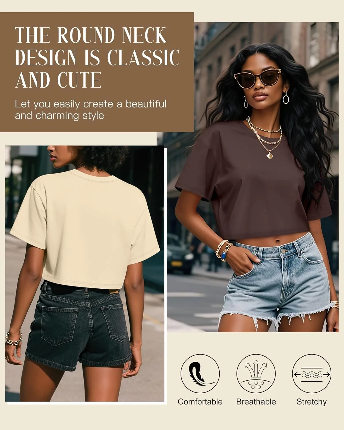 Huukeay 3 Pack Women's Half Sleeve Crop Tops Crew Neck Summer Casual Short T-Shirts Loose Fit Drop Shoulder Solid Color Tees