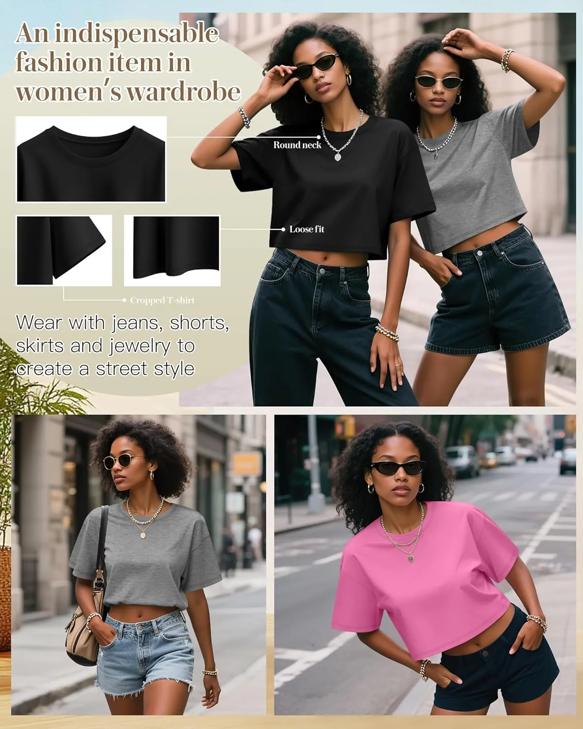 Huukeay 3 Pack Women's Half Sleeve Crop Tops Crew Neck Summer Casual Short T-Shirts Loose Fit Drop Shoulder Solid Color Tees