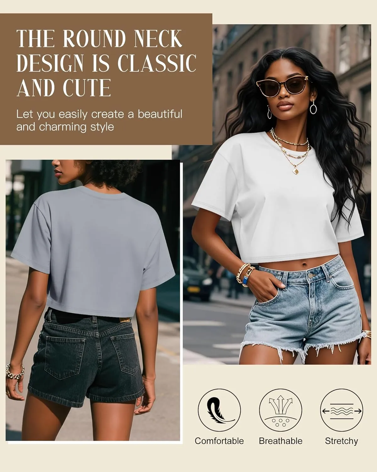 Huukeay 3 Pack Women's Half Sleeve Crop Tops Crew Neck Summer Casual Short T-Shirts Loose Fit Drop Shoulder Solid Color Tees