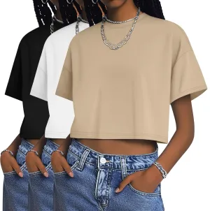 Huukeay 3 Pack Women's Half Sleeve Crop Tops Crew Neck Summer Casual Short T-Shirts Loose Fit Drop Shoulder Solid Color Tees