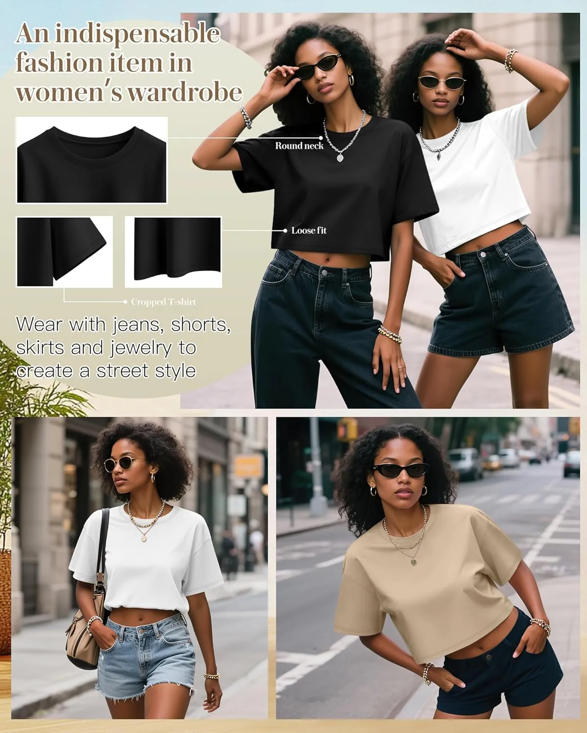 Huukeay 3 Pack Women's Half Sleeve Crop Tops Crew Neck Summer Casual Short T-Shirts Loose Fit Drop Shoulder Solid Color Tees