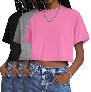 Huukeay 3 Pack Women's Half Sleeve Crop Tops Crew Neck Summer Casual Short T-Shirts Loose Fit Drop Shoulder Solid Color Tees