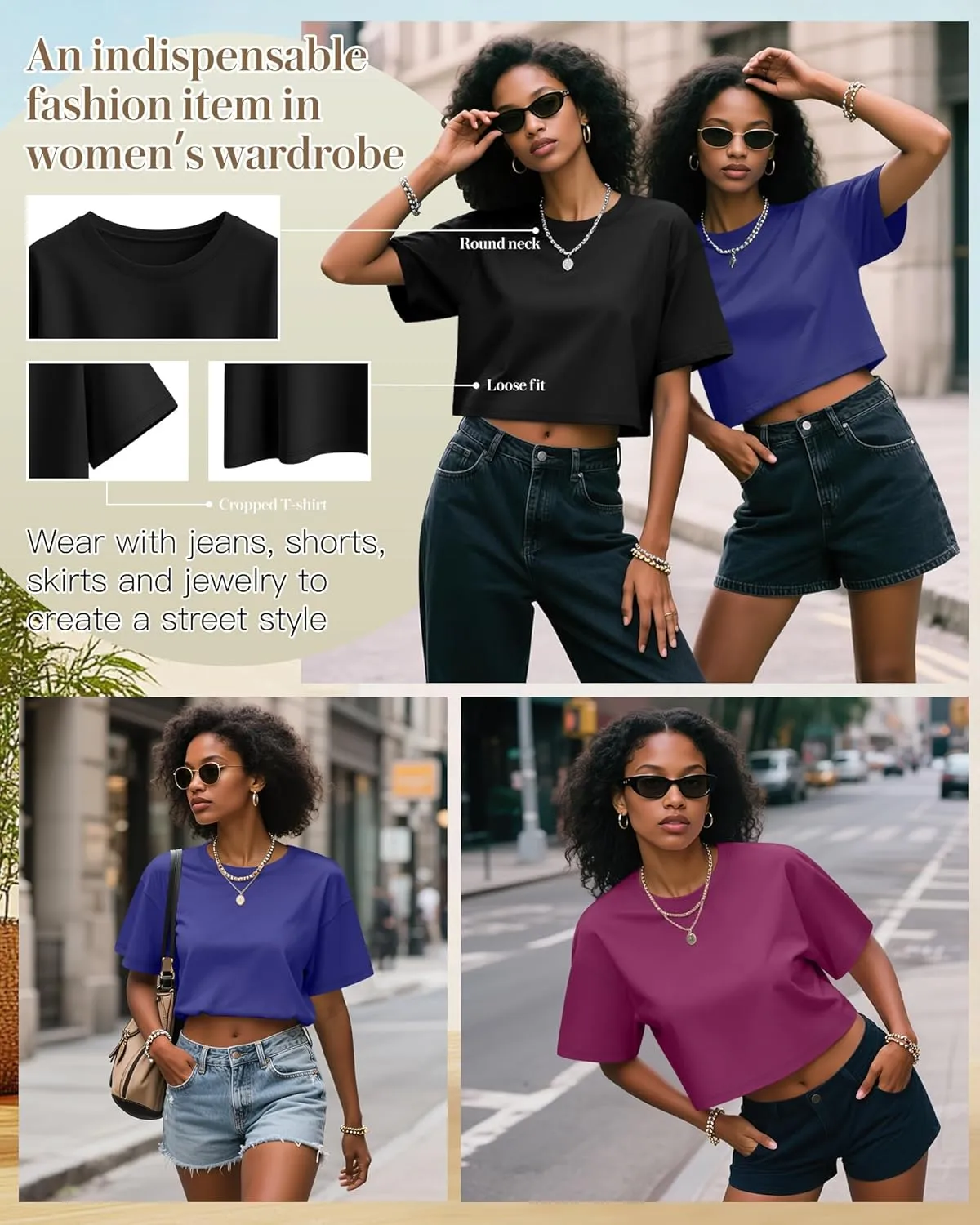Huukeay 3 Pack Women's Half Sleeve Crop Tops Crew Neck Summer Casual Short T-Shirts Loose Fit Drop Shoulder Solid Color Tees