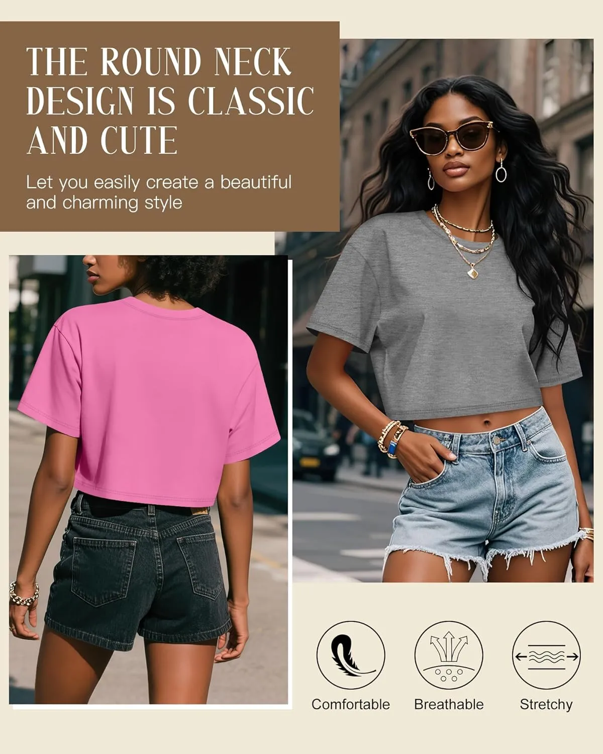 Huukeay 3 Pack Women's Half Sleeve Crop Tops Crew Neck Summer Casual Short T-Shirts Loose Fit Drop Shoulder Solid Color Tees