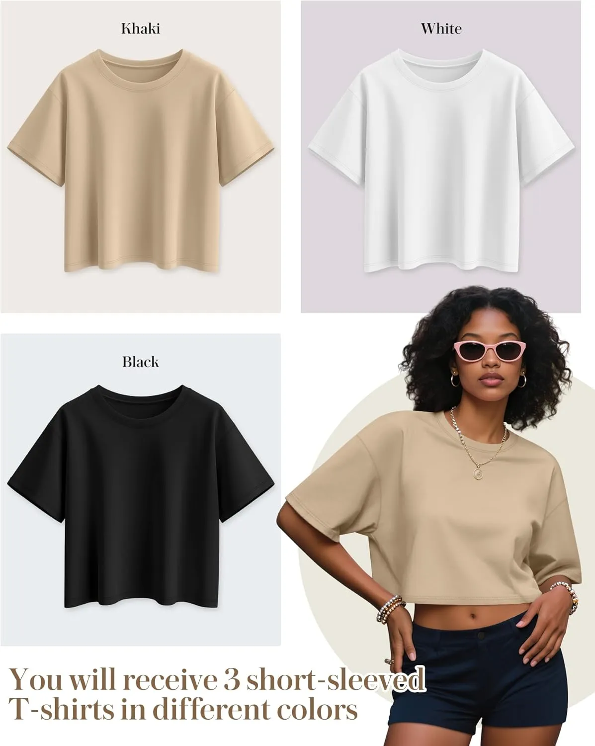 Huukeay 3 Pack Women's Half Sleeve Crop Tops Crew Neck Summer Casual Short T-Shirts Loose Fit Drop Shoulder Solid Color Tees