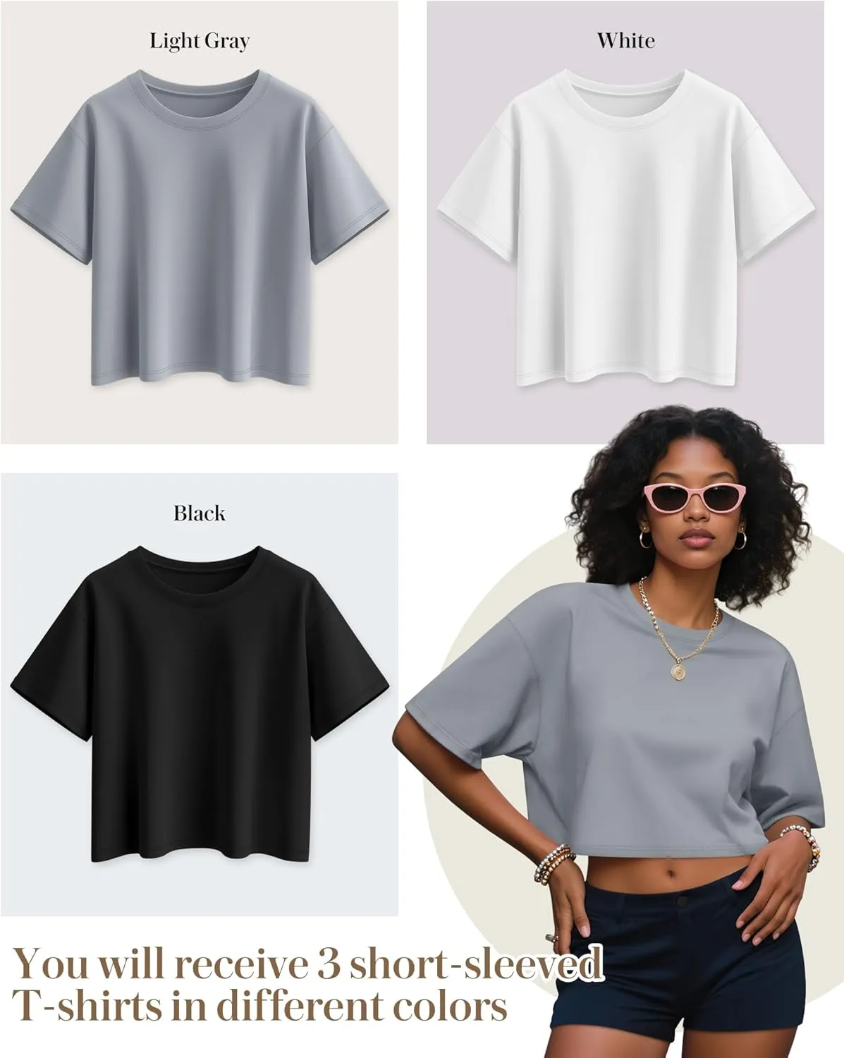 Huukeay 3 Pack Women's Half Sleeve Crop Tops Crew Neck Summer Casual Short T-Shirts Loose Fit Drop Shoulder Solid Color Tees