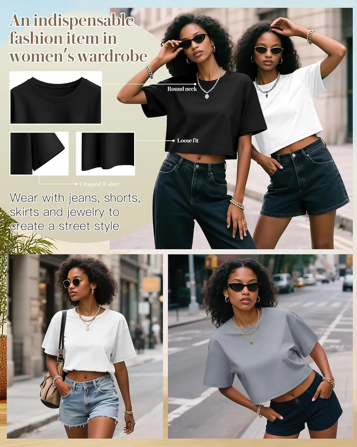 Huukeay 3 Pack Women's Half Sleeve Crop Tops Crew Neck Summer Casual Short T-Shirts Loose Fit Drop Shoulder Solid Color Tees