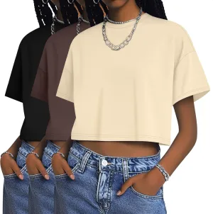 Huukeay 3 Pack Women's Half Sleeve Crop Tops Crew Neck Summer Casual Short T-Shirts Loose Fit Drop Shoulder Solid Color Tees