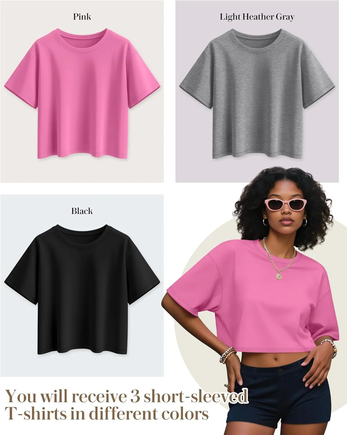 Huukeay 3 Pack Women's Half Sleeve Crop Tops Crew Neck Summer Casual Short T-Shirts Loose Fit Drop Shoulder Solid Color Tees