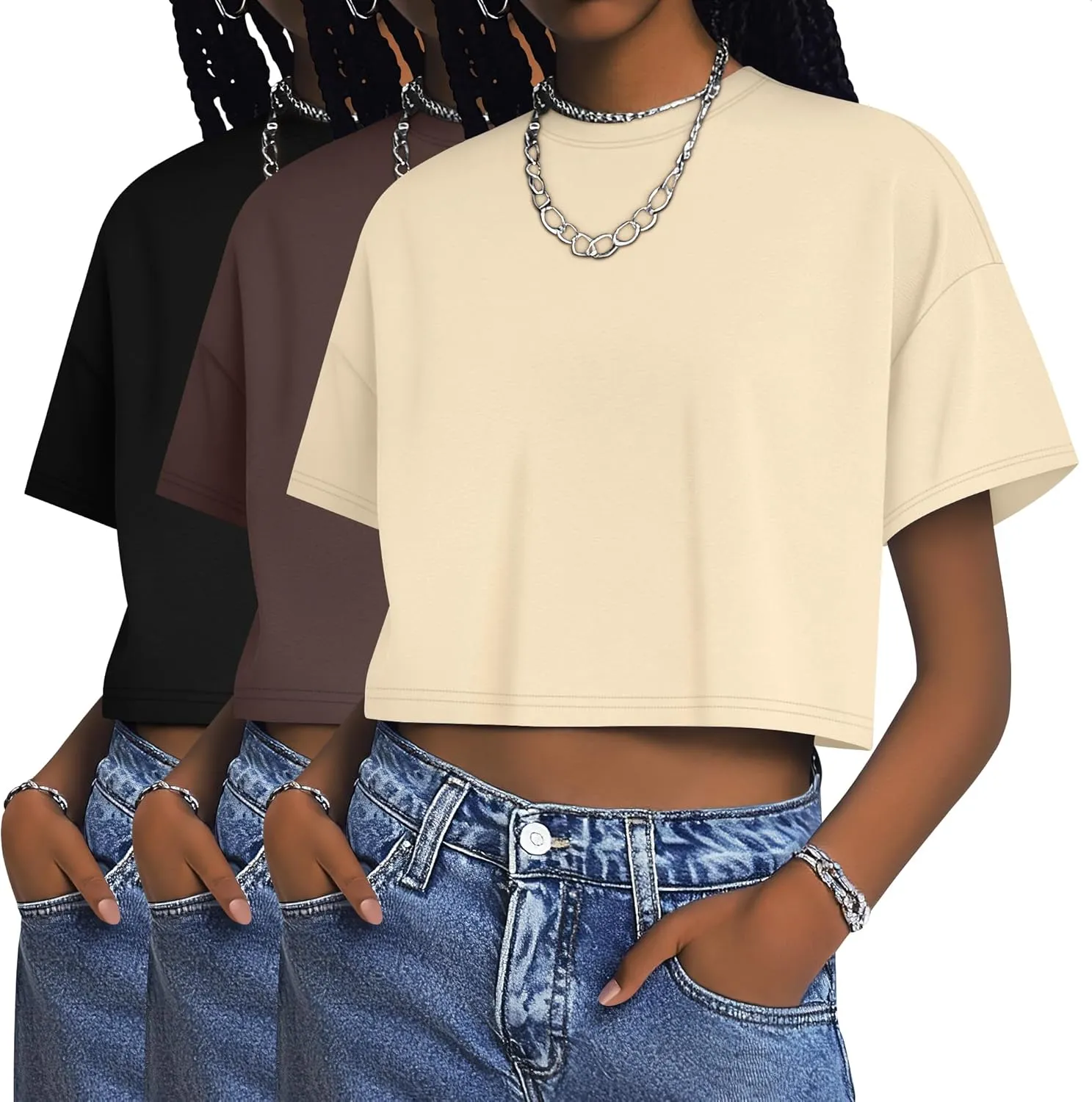 Huukeay 3 Pack Women's Half Sleeve Crop Tops Crew Neck Summer Casual Short T-Shirts Loose Fit Drop Shoulder Solid Color Tees