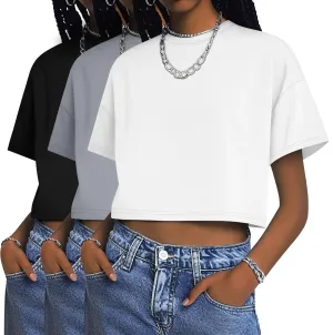 Huukeay 3 Pack Women's Half Sleeve Crop Tops Crew Neck Summer Casual Short T-Shirts Loose Fit Drop Shoulder Solid Color Tees