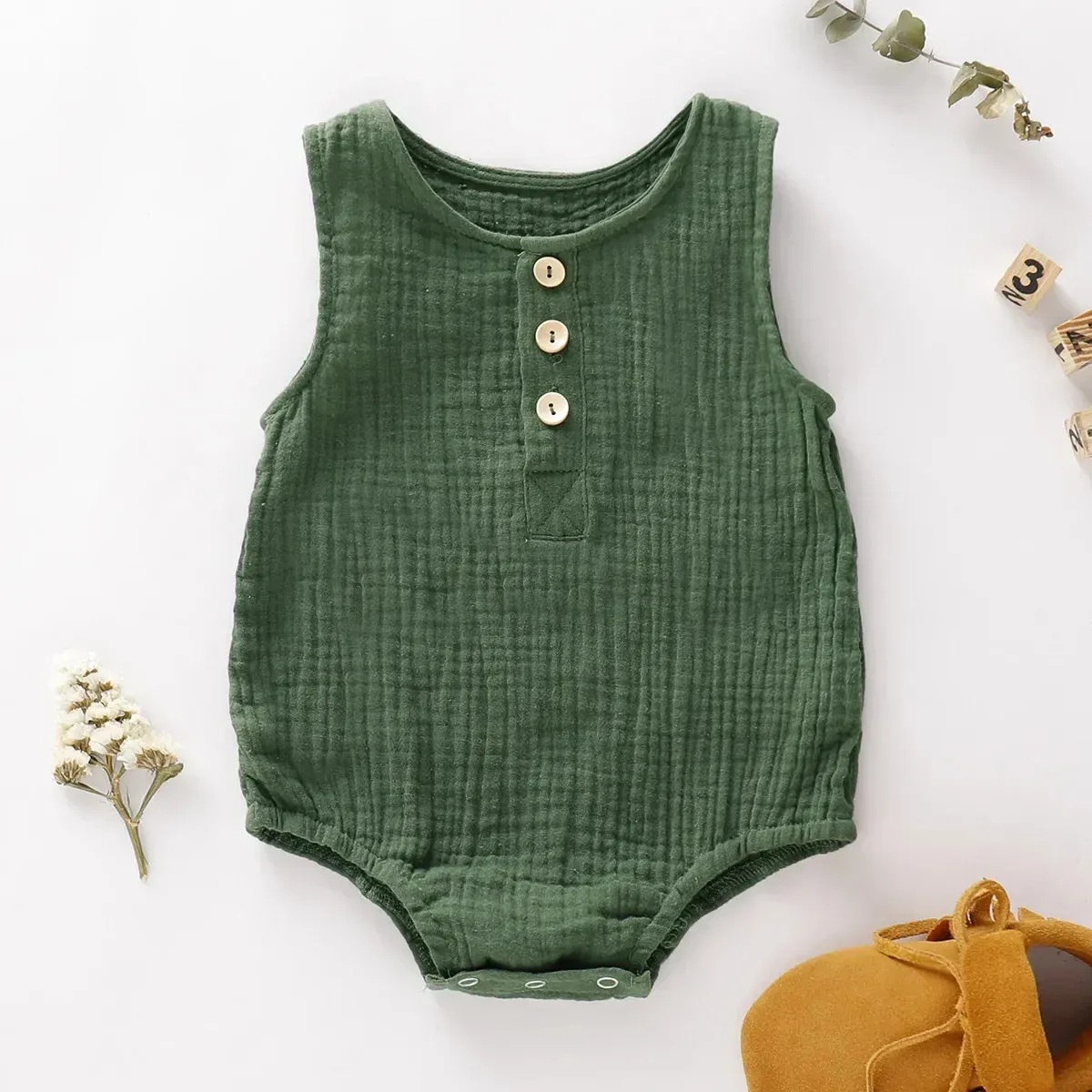 Infants Sleeveless Button Thin Cotton Muslin Rompers