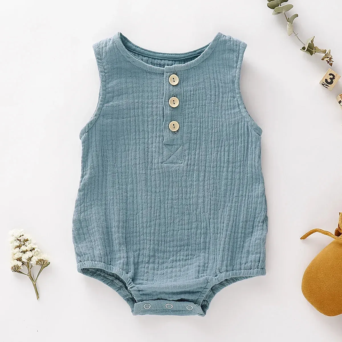 Infants Sleeveless Button Thin Cotton Muslin Rompers