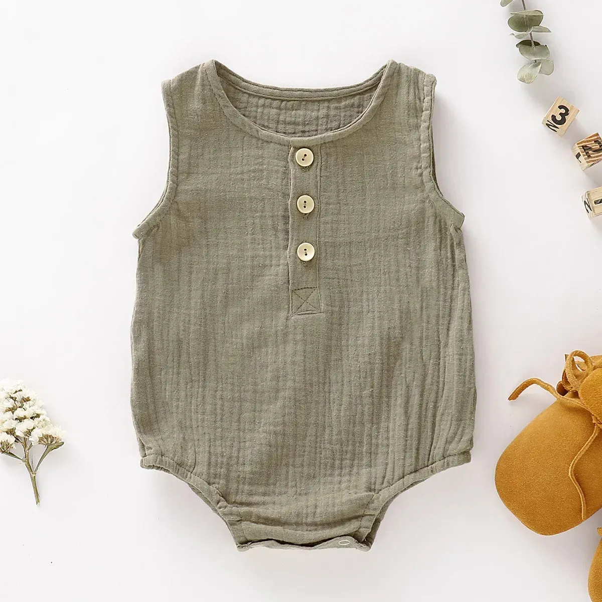 Infants Sleeveless Button Thin Cotton Muslin Rompers