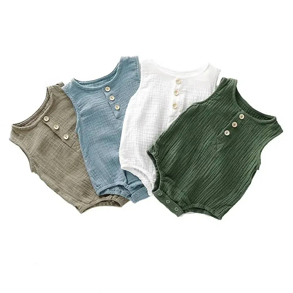 Infants Sleeveless Button Thin Cotton Muslin Rompers