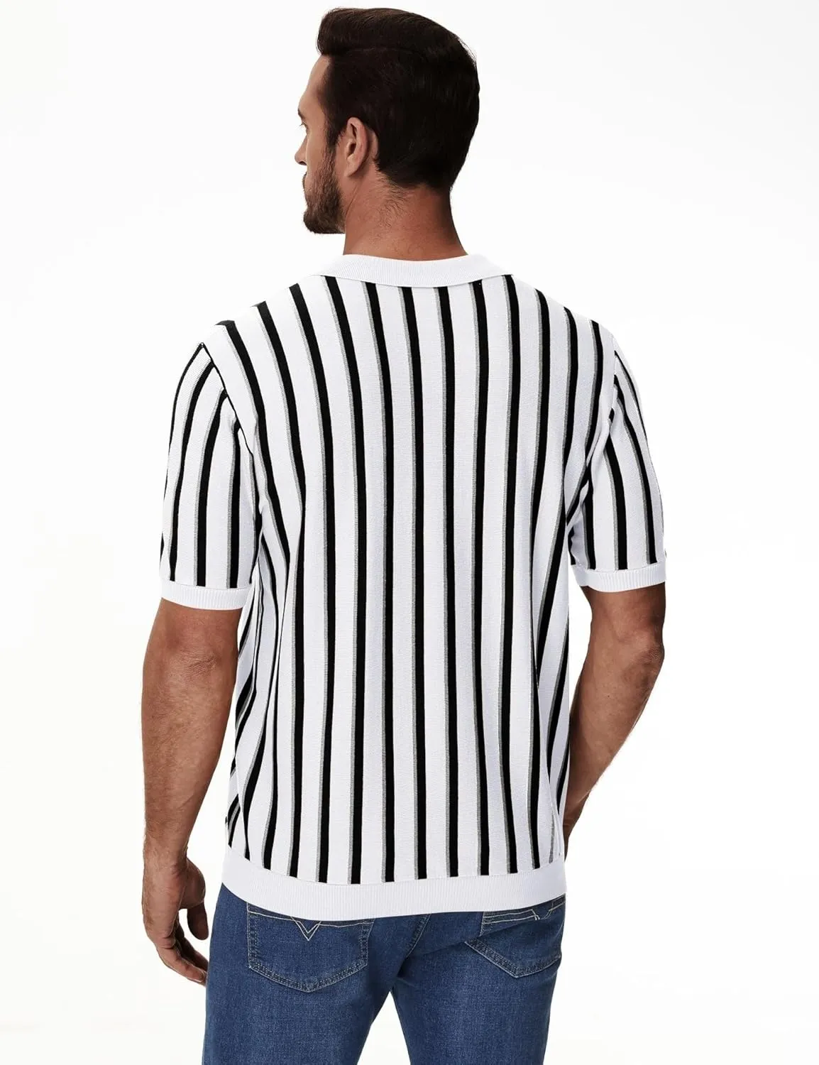 iWoo Men's Knit Polo Shirts Short Sleeve Vintage Striped Casual Golf Polo Classic Collared T Shirt