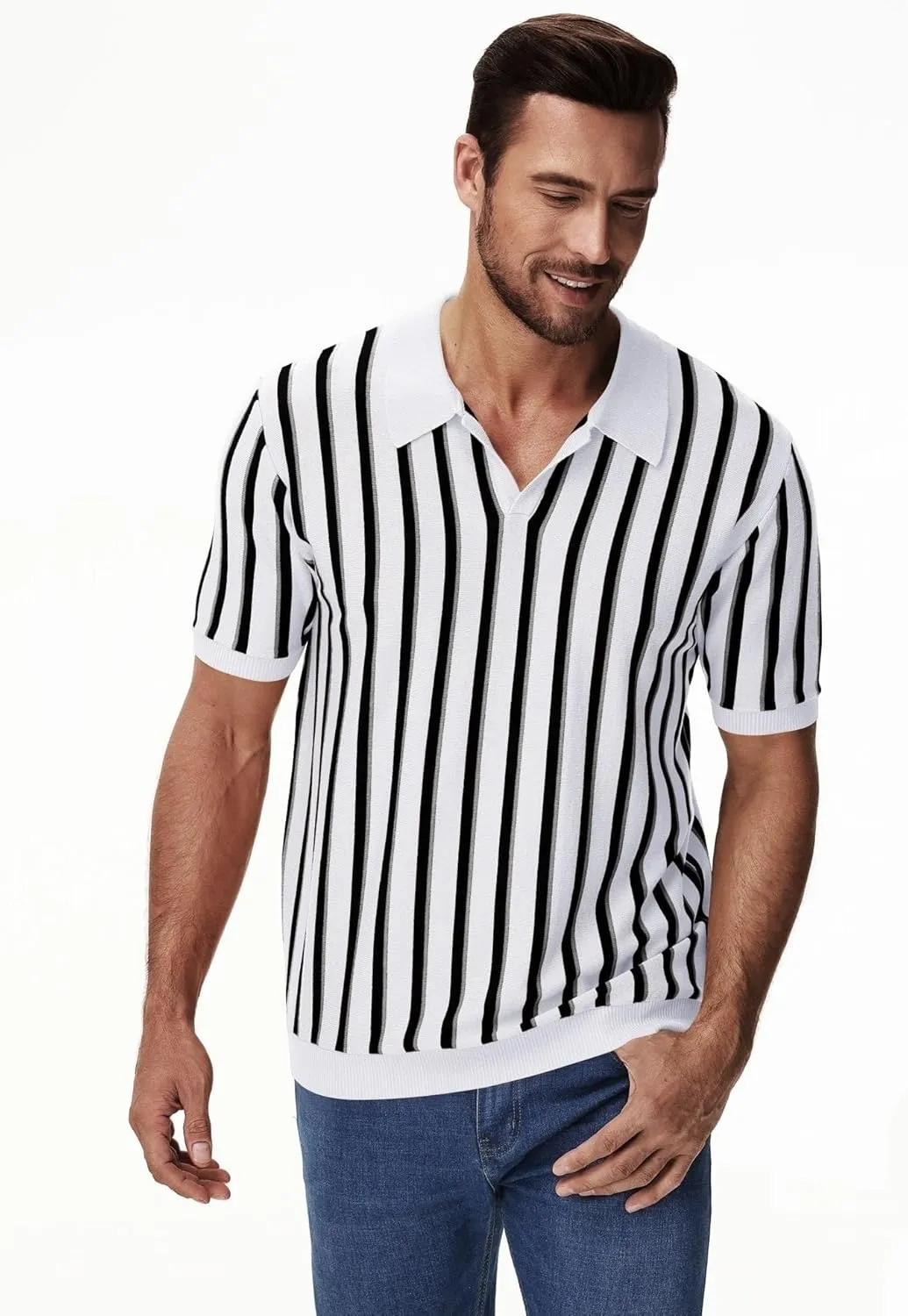 iWoo Men's Knit Polo Shirts Short Sleeve Vintage Striped Casual Golf Polo Classic Collared T Shirt
