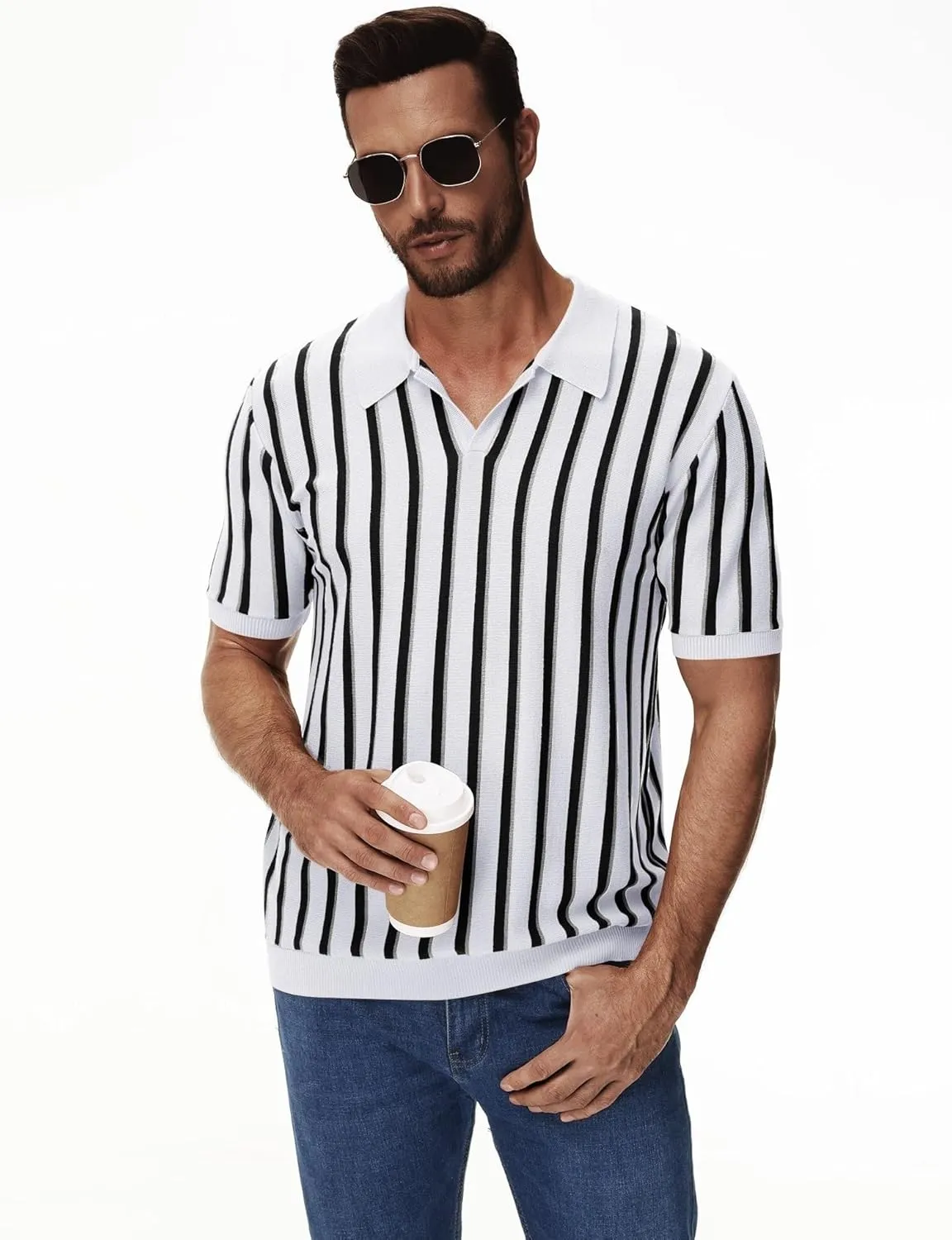 iWoo Men's Knit Polo Shirts Short Sleeve Vintage Striped Casual Golf Polo Classic Collared T Shirt