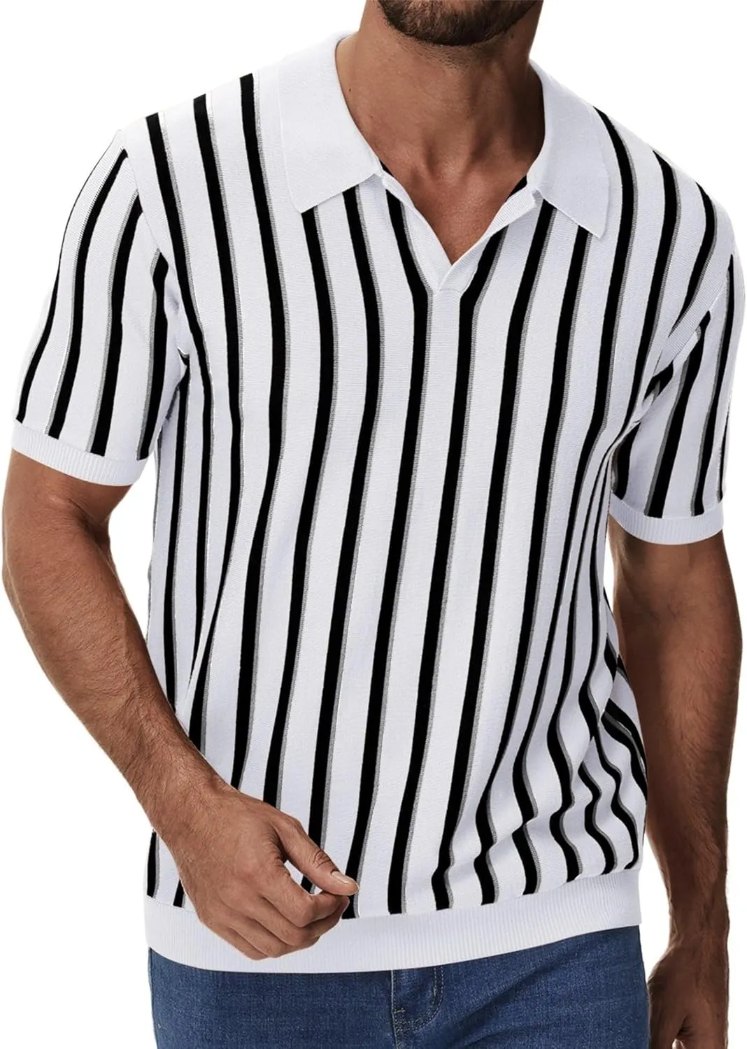 iWoo Men's Knit Polo Shirts Short Sleeve Vintage Striped Casual Golf Polo Classic Collared T Shirt