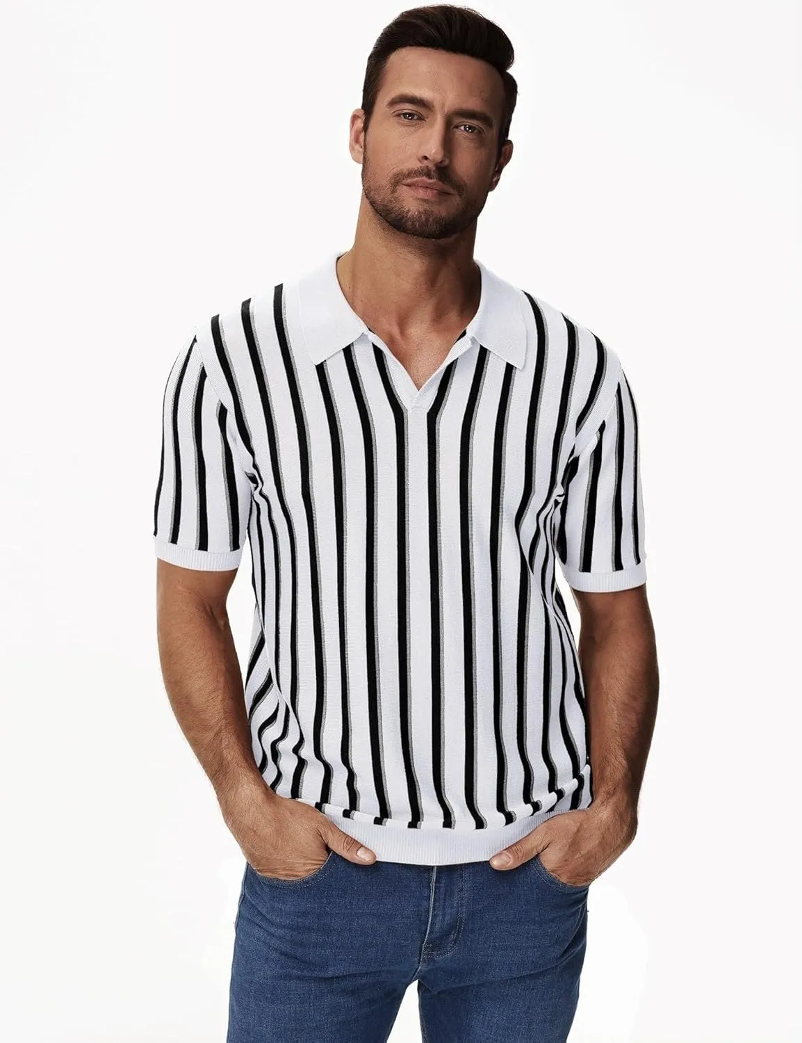 iWoo Men's Knit Polo Shirts Short Sleeve Vintage Striped Casual Golf Polo Classic Collared T Shirt