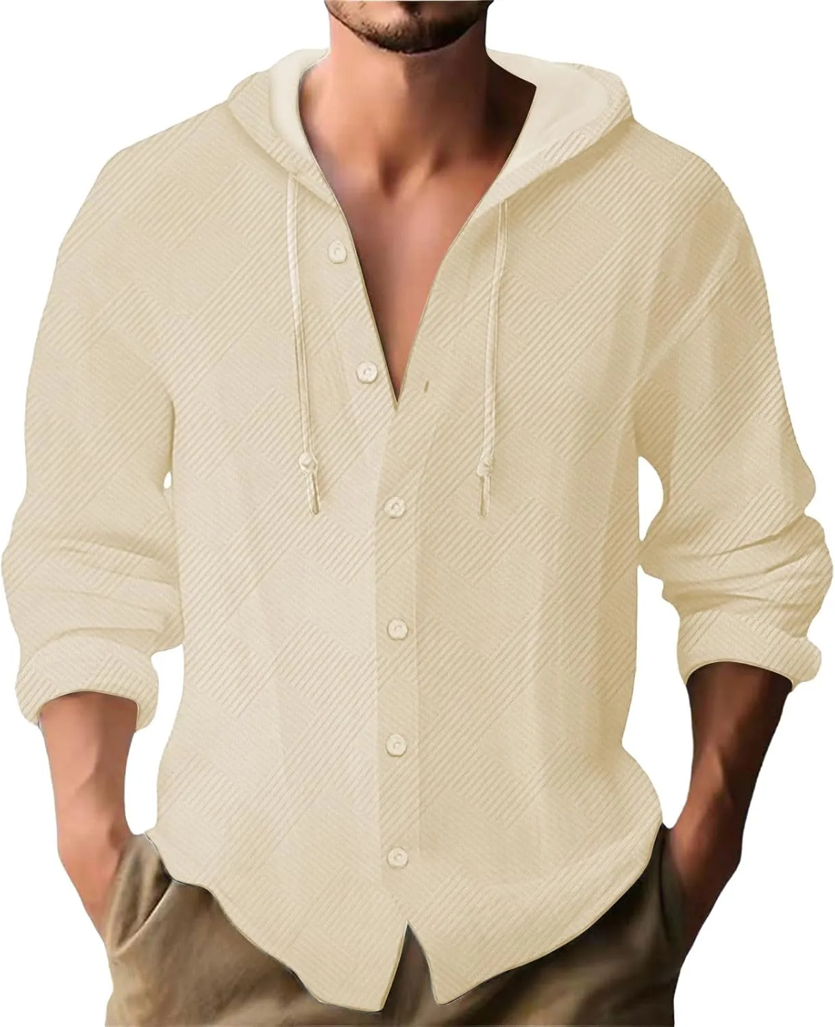 Jacquard Hoodies for Men Long Sleeve Spring Fall Casual Button Down Hooded Shirt Loose Fit Cardigans