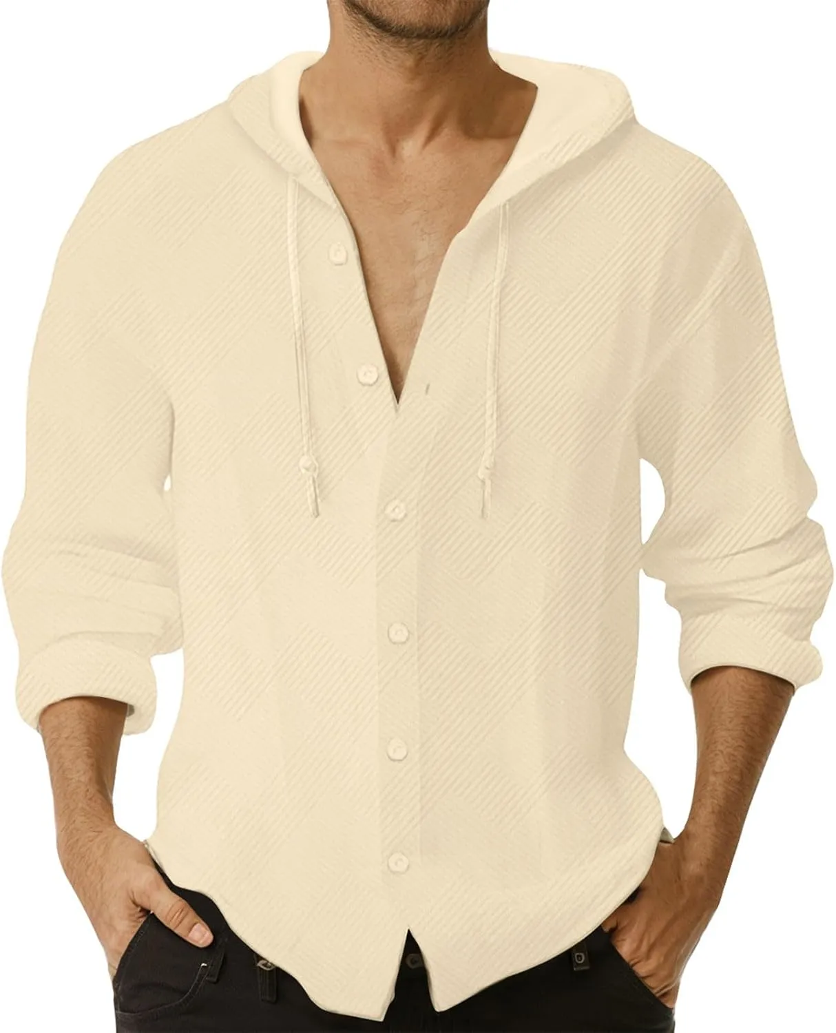 Jacquard Hoodies for Men Long Sleeve Spring Fall Casual Button Down Hooded Shirt Loose Fit Cardigans