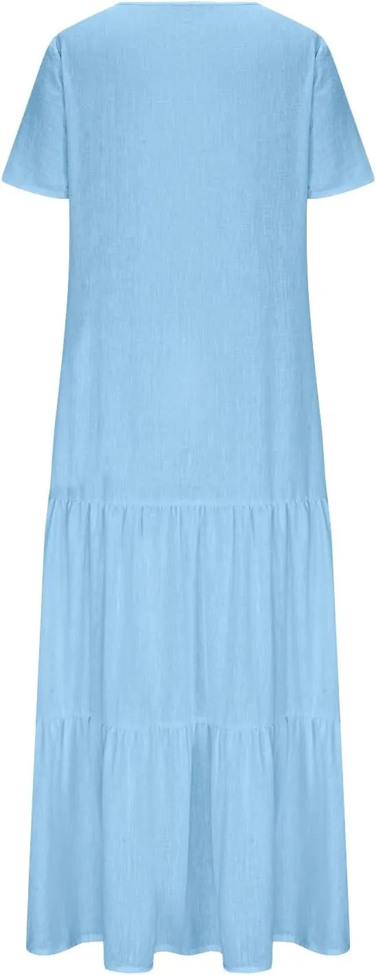JOAU Linen Maxi Dress for Women 2025 Summer V Neck Short Sleeve Layered Dresses Casual Loose Flowy Tiered Ruffle Beach Dress