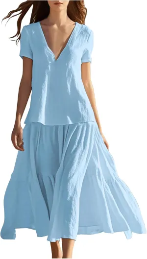 JOAU Linen Maxi Dress for Women 2025 Summer V Neck Short Sleeve Layered Dresses Casual Loose Flowy Tiered Ruffle Beach Dress