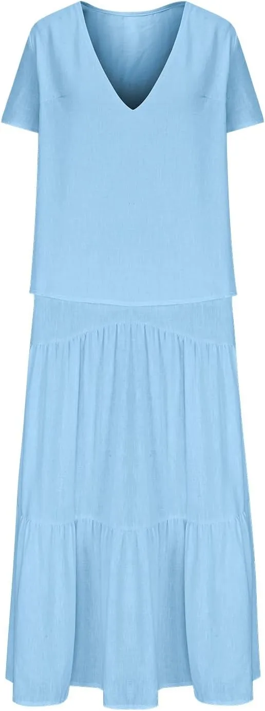 JOAU Linen Maxi Dress for Women 2025 Summer V Neck Short Sleeve Layered Dresses Casual Loose Flowy Tiered Ruffle Beach Dress