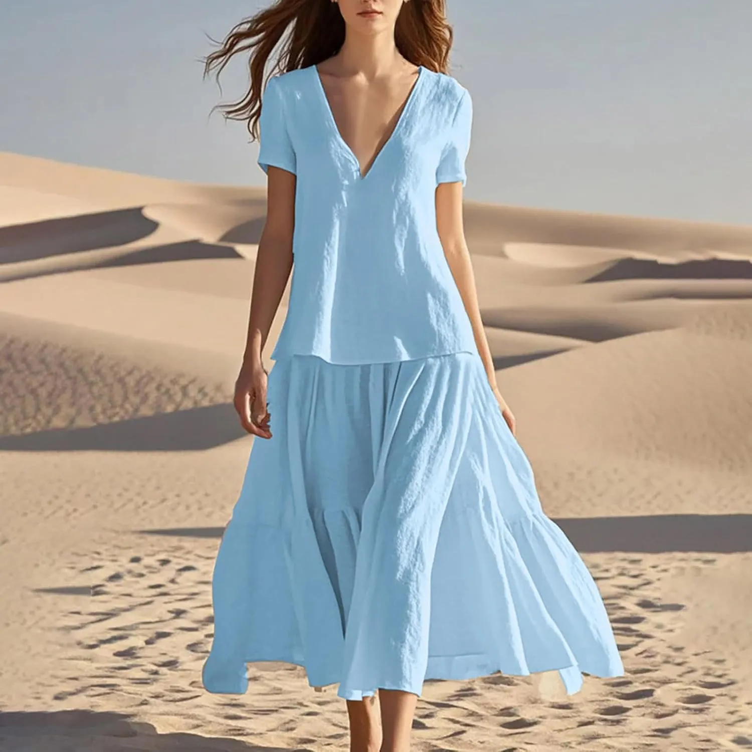 JOAU Linen Maxi Dress for Women 2025 Summer V Neck Short Sleeve Layered Dresses Casual Loose Flowy Tiered Ruffle Beach Dress