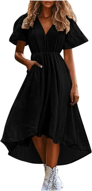 JOAU Women 2025 Summer Elastic Waist Flowy Dress with Pockets Wrap V Neck Short Sleeve Hi-Low Hem Beach Vacation Dresses