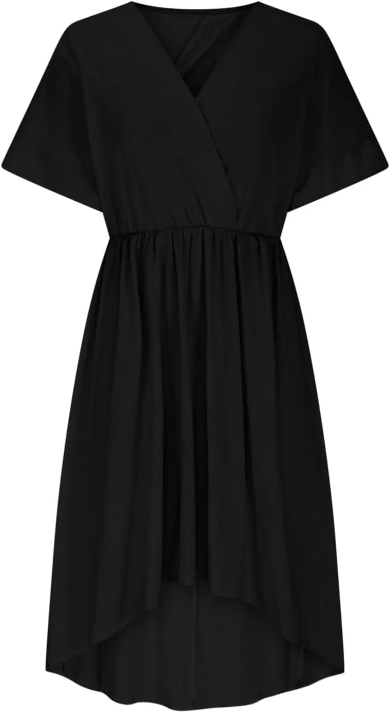 JOAU Women 2025 Summer Elastic Waist Flowy Dress with Pockets Wrap V Neck Short Sleeve Hi-Low Hem Beach Vacation Dresses